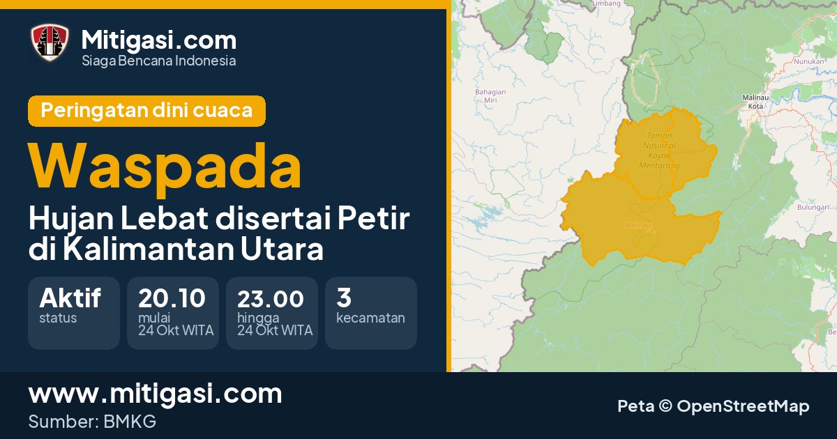 Peringatan dini cuaca BMKG tingkat Waspada di Kalimantan Utara. (Mitigasi.com/data BMKG)