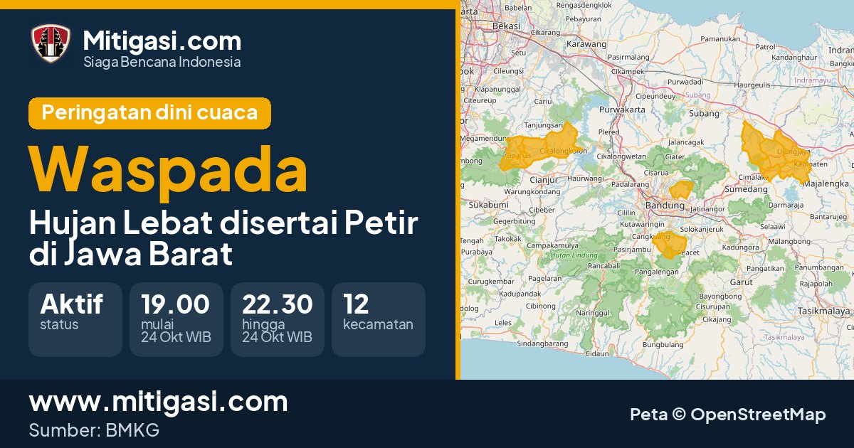 Peringatan dini cuaca BMKG tingkat Waspada di Jawa Barat. (Mitigasi.com/data BMKG)