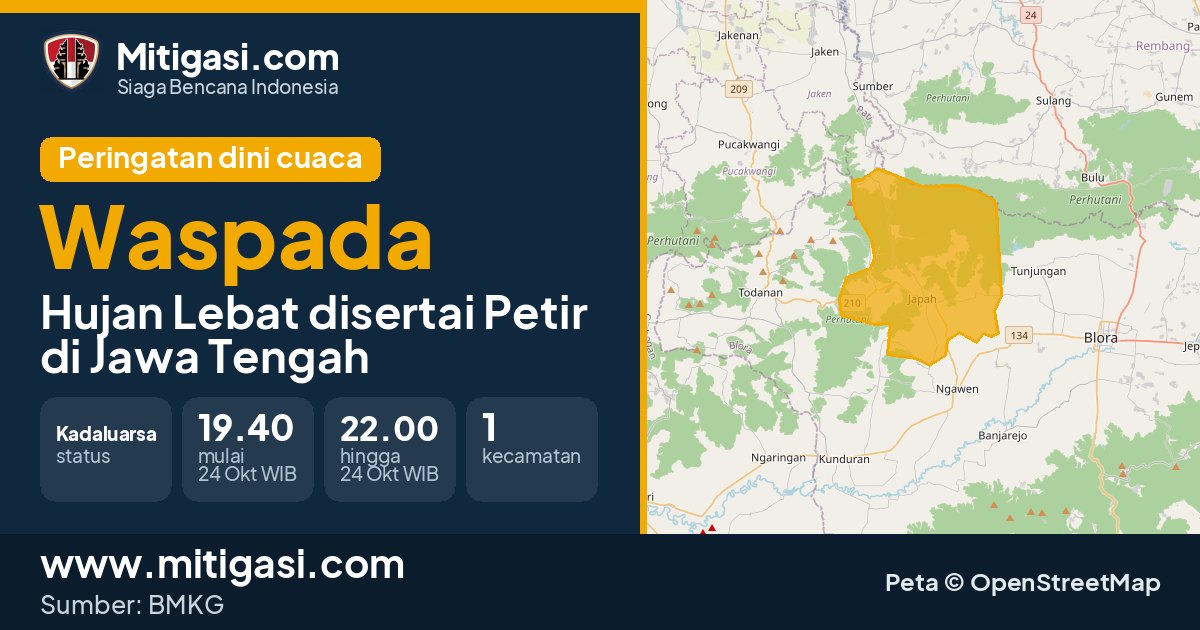 Peringatan dini cuaca BMKG tingkat Waspada di Jawa Tengah. (Mitigasi.com/data BMKG)