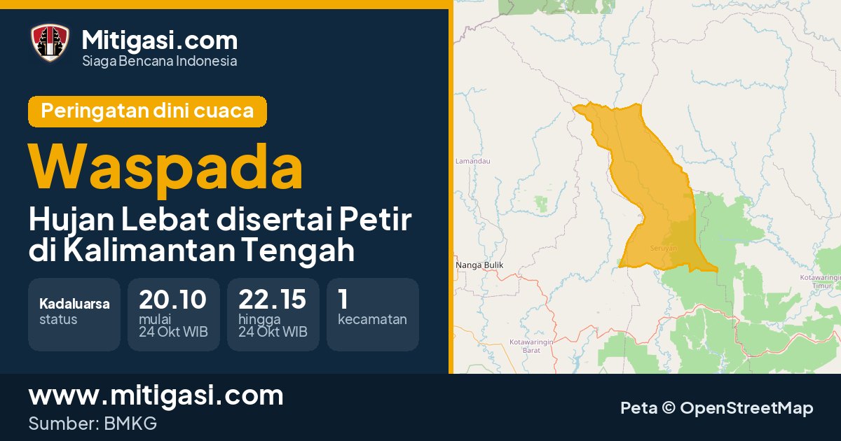 Peringatan dini cuaca BMKG tingkat Waspada di Kalimantan Tengah. (Mitigasi.com/data BMKG)