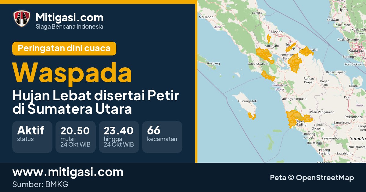 Peringatan dini cuaca BMKG tingkat Waspada di Sumatera Utara. (Mitigasi.com/data BMKG)
