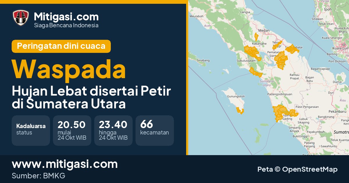 Peringatan dini cuaca BMKG tingkat Waspada di Sumatera Utara. (Mitigasi.com/data BMKG)