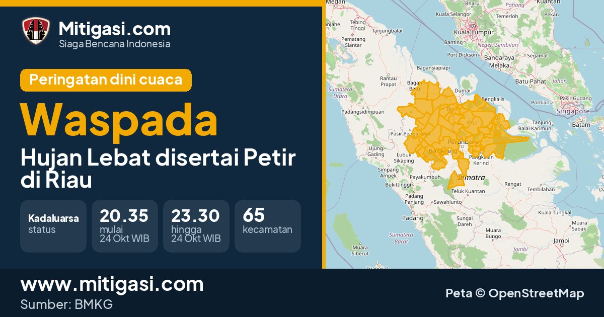 Peringatan dini cuaca BMKG tingkat Waspada di Riau. (Mitigasi.com/data BMKG)