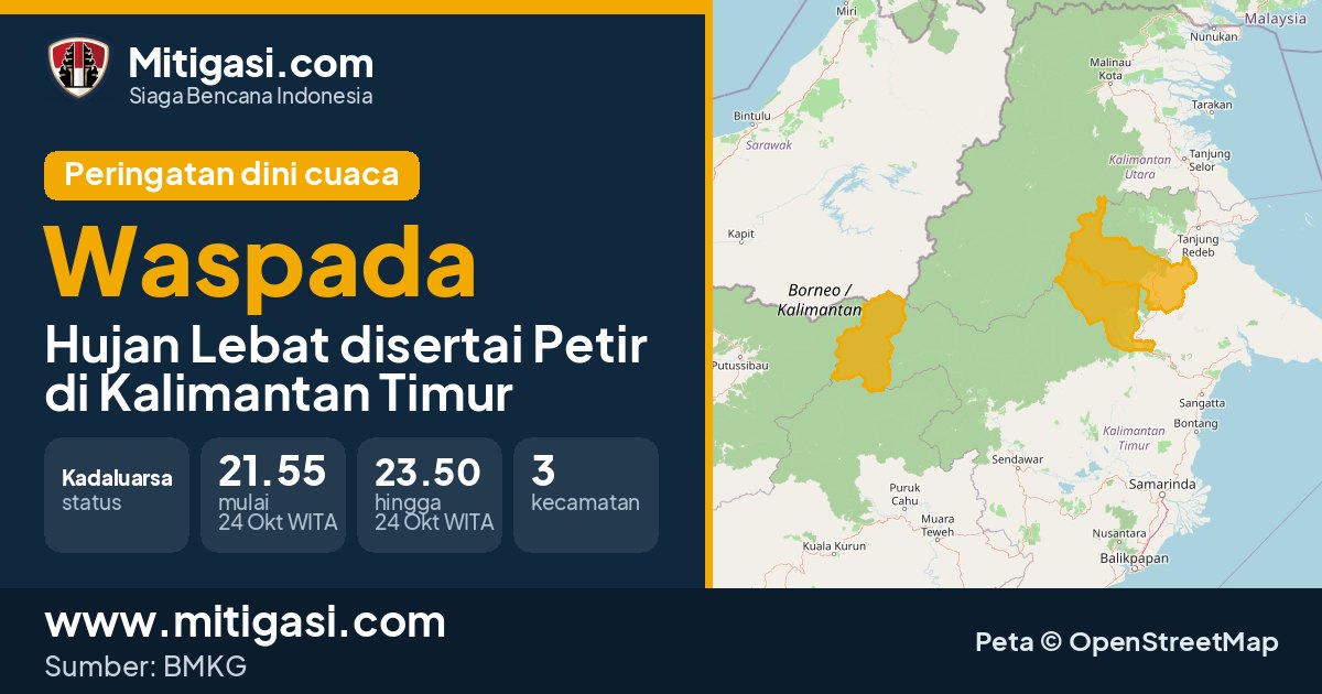 Peringatan dini cuaca BMKG tingkat Waspada di Kalimantan Timur. (Mitigasi.com/data BMKG)