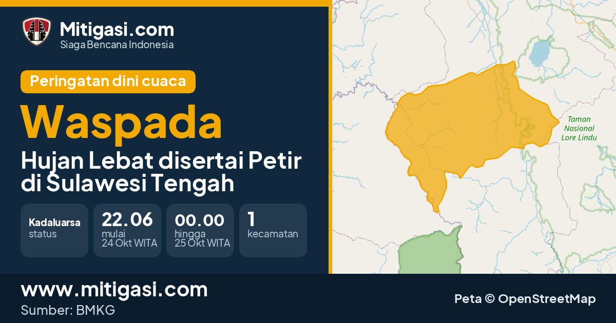 Peringatan dini cuaca BMKG tingkat Waspada di Sulawesi Tengah. (Mitigasi.com/data BMKG)