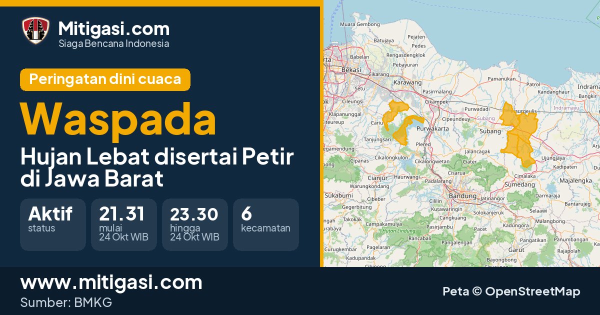 Peringatan dini cuaca BMKG tingkat Waspada di Jawa Barat. (Mitigasi.com/data BMKG)