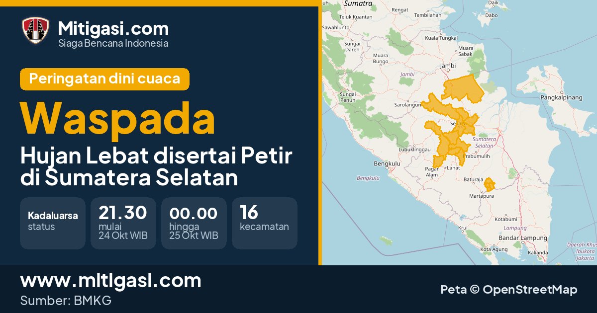 Peringatan dini cuaca BMKG tingkat Waspada di Sumatera Selatan. (Mitigasi.com/data BMKG)