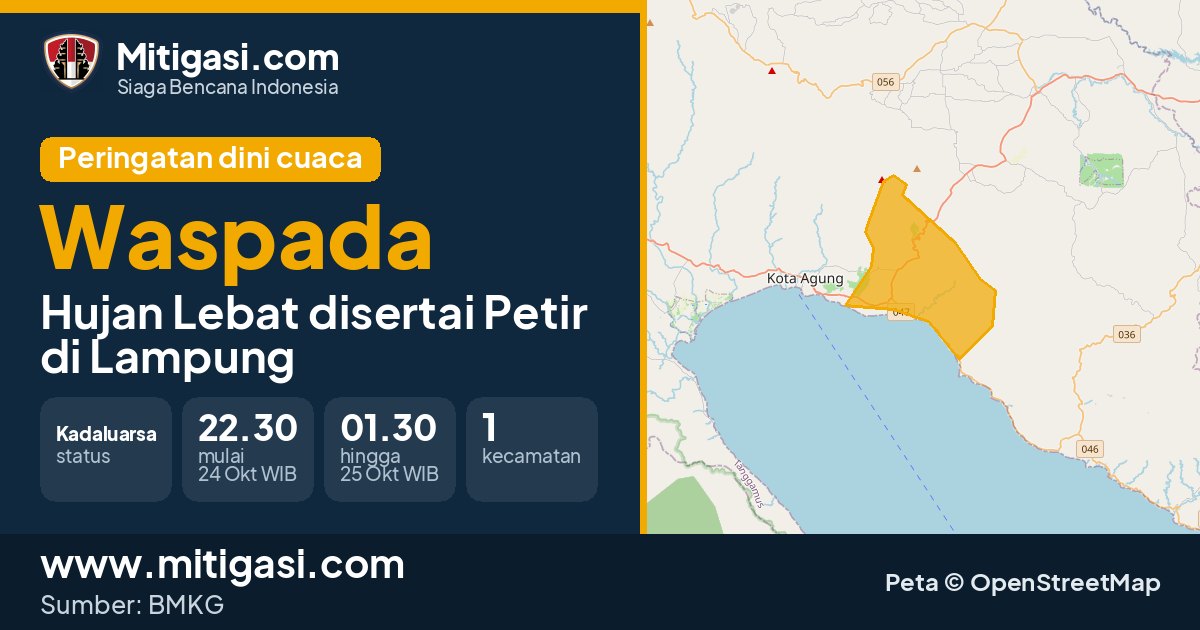 Peringatan dini cuaca BMKG tingkat Waspada di Lampung. (Mitigasi.com/data BMKG)