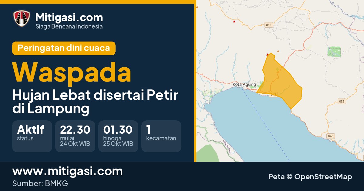 Peringatan dini cuaca BMKG tingkat Waspada di Lampung. (Mitigasi.com/data BMKG)