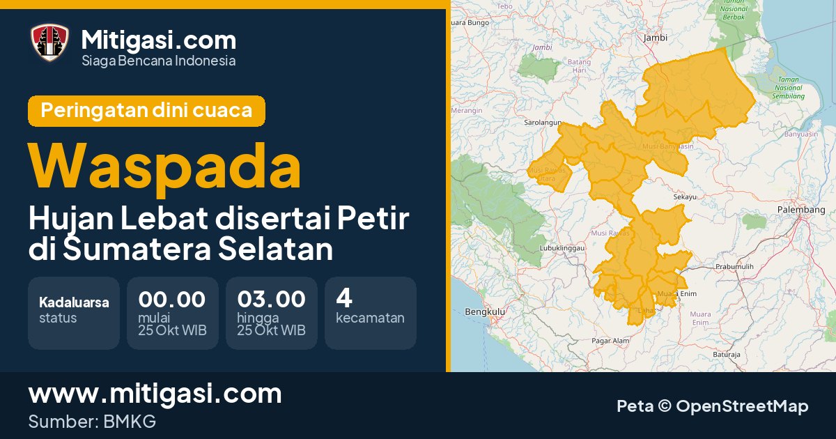 Peringatan dini cuaca BMKG tingkat Waspada di Sumatera Selatan. (Mitigasi.com/data BMKG)