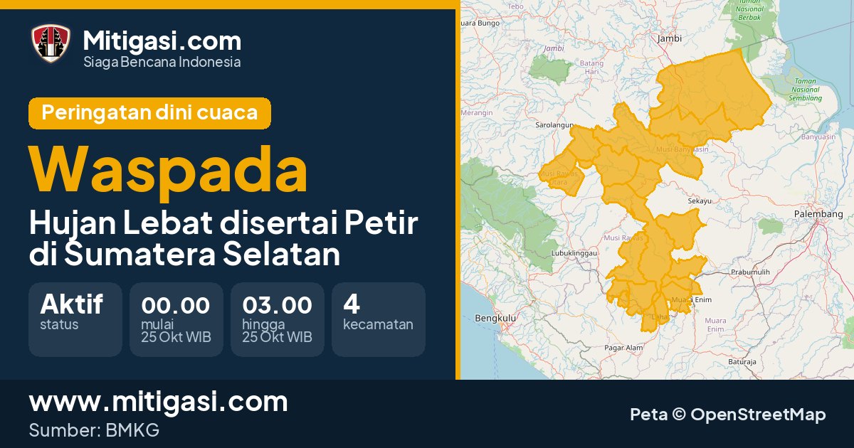 Peringatan dini cuaca BMKG tingkat Waspada di Sumatera Selatan. (Mitigasi.com/data BMKG)