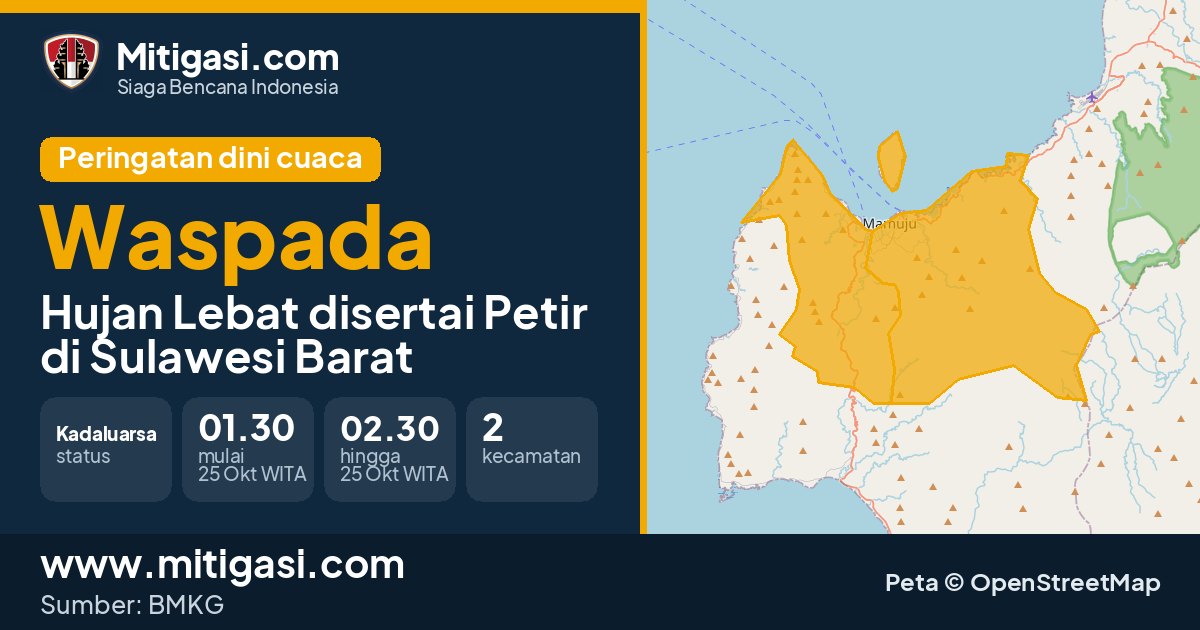 Peringatan dini cuaca BMKG tingkat Waspada di Sulawesi Barat. (Mitigasi.com/data BMKG)