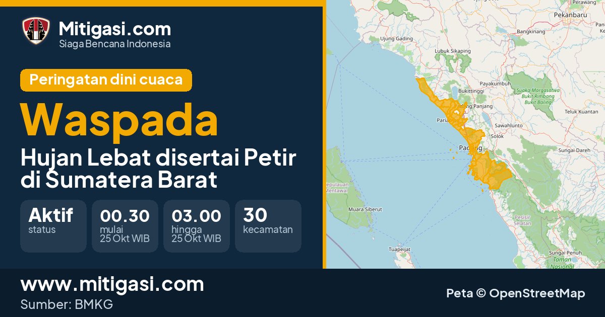 Peringatan dini cuaca BMKG tingkat Waspada di Sumatera Barat. (Mitigasi.com/data BMKG)