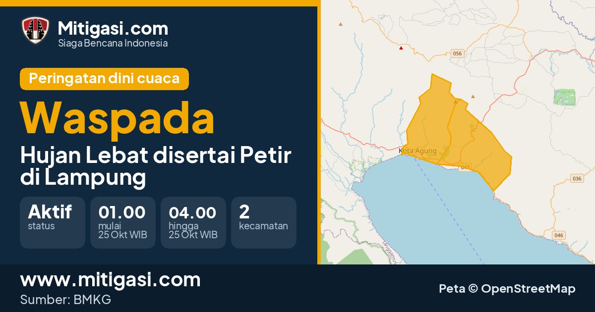 Peringatan dini cuaca BMKG tingkat Waspada di Lampung. (Mitigasi.com/data BMKG)