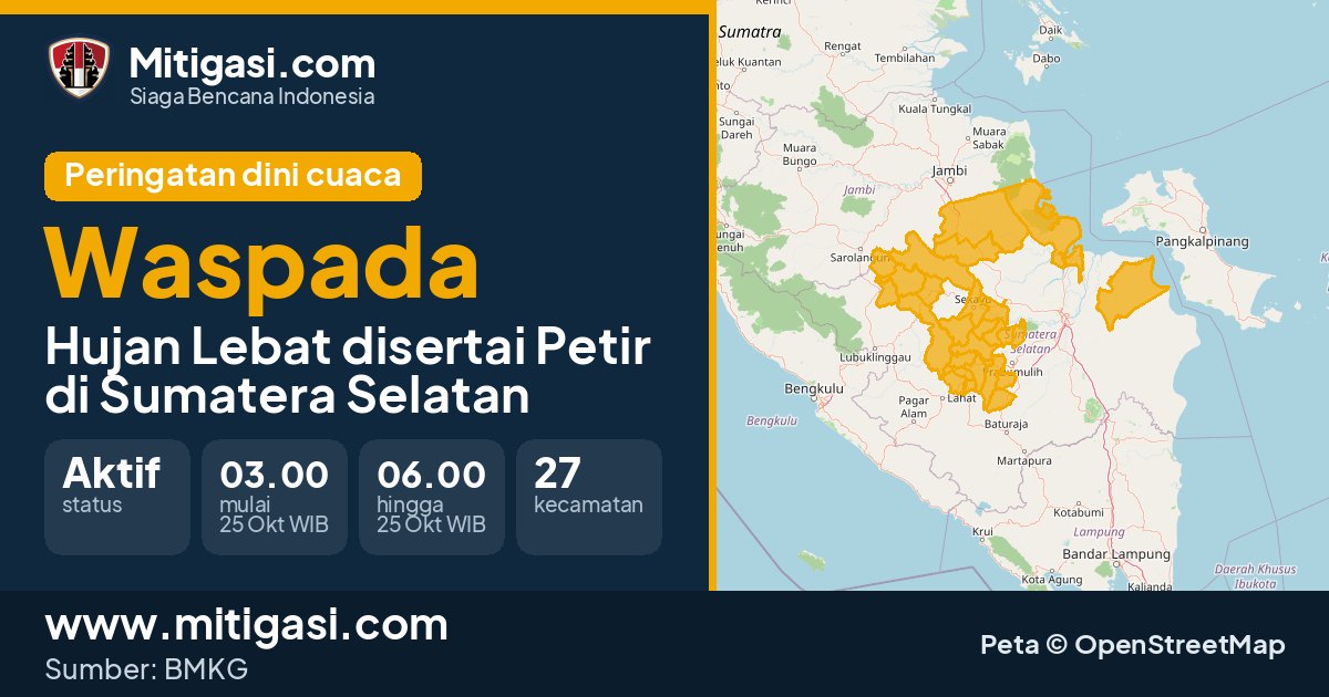 Peringatan dini cuaca BMKG tingkat Waspada di Sumatera Selatan. (Mitigasi.com/data BMKG)