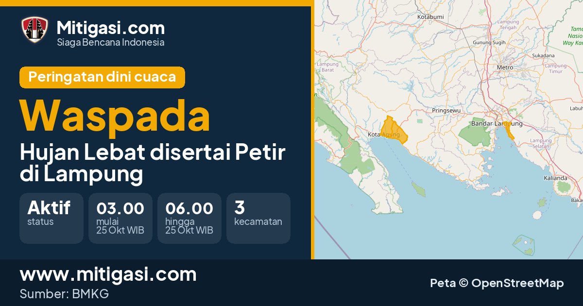 Peringatan dini cuaca BMKG tingkat Waspada di Lampung. (Mitigasi.com/data BMKG)