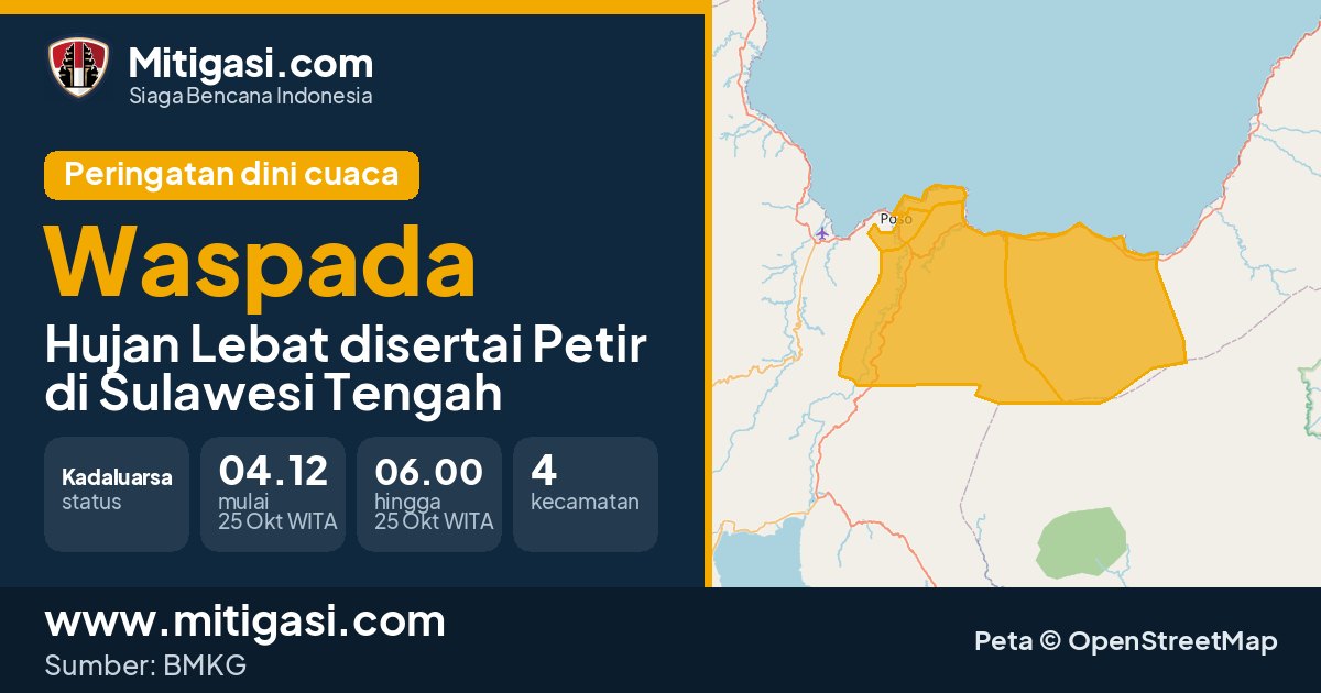 Peringatan dini cuaca BMKG tingkat Waspada di Sulawesi Tengah. (Mitigasi.com/data BMKG)