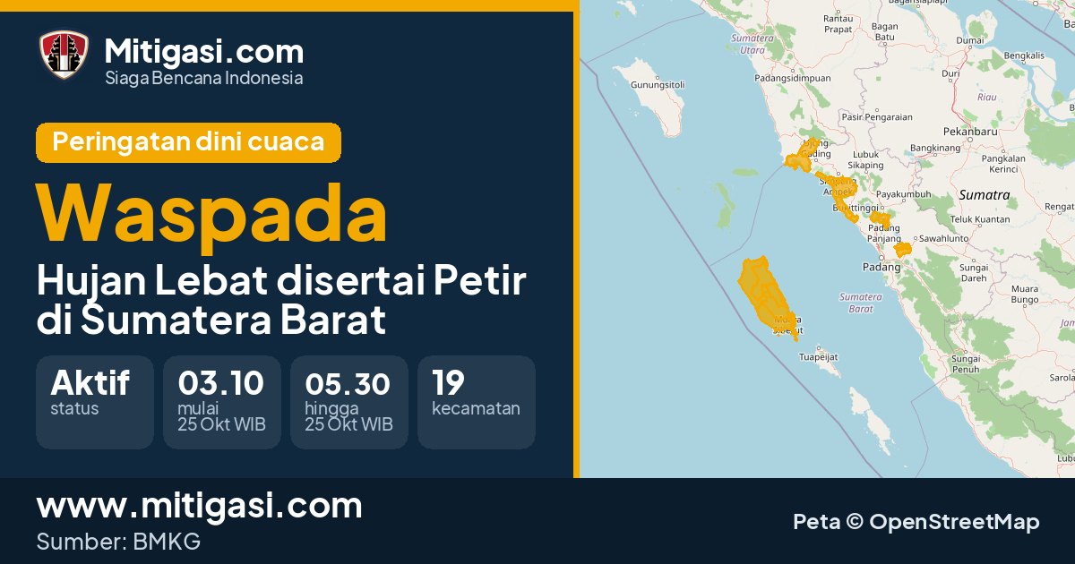 Peringatan dini cuaca BMKG tingkat Waspada di Sumatera Barat. (Mitigasi.com/data BMKG)