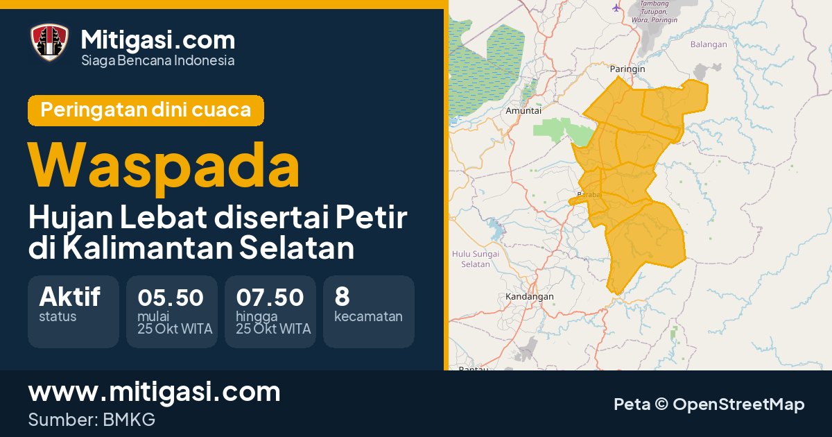 Peringatan dini cuaca BMKG tingkat Waspada di Kalimantan Selatan. (Mitigasi.com/data BMKG)