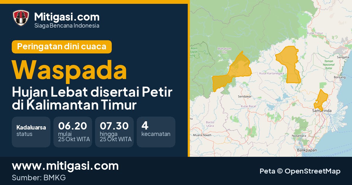 Peringatan dini cuaca BMKG tingkat Waspada di Kalimantan Timur. (Mitigasi.com/data BMKG)