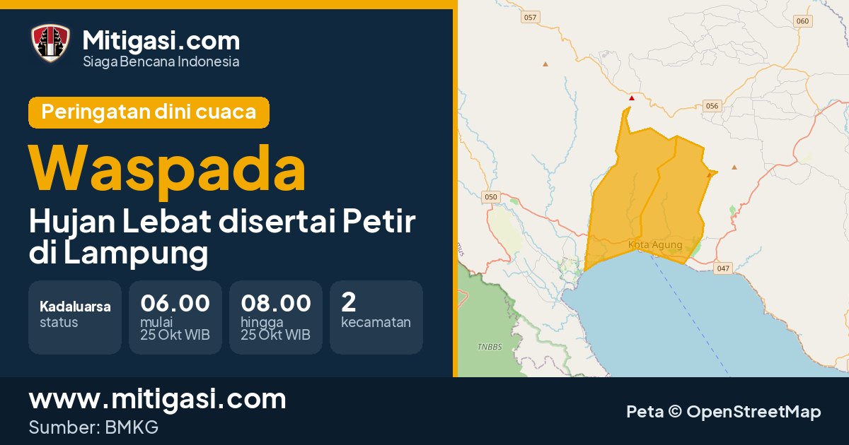 Peringatan dini cuaca BMKG tingkat Waspada di Lampung. (Mitigasi.com/data BMKG)