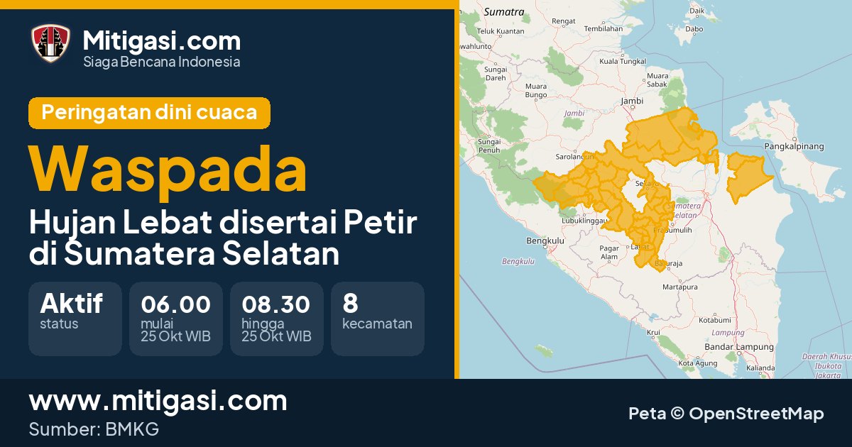 Peringatan dini cuaca BMKG tingkat Waspada di Sumatera Selatan. (Mitigasi.com/data BMKG)