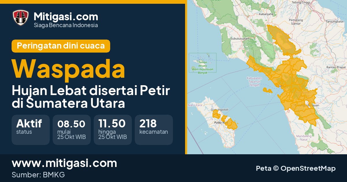 Peringatan dini cuaca BMKG tingkat Waspada di Sumatera Utara. (Mitigasi.com/data BMKG)