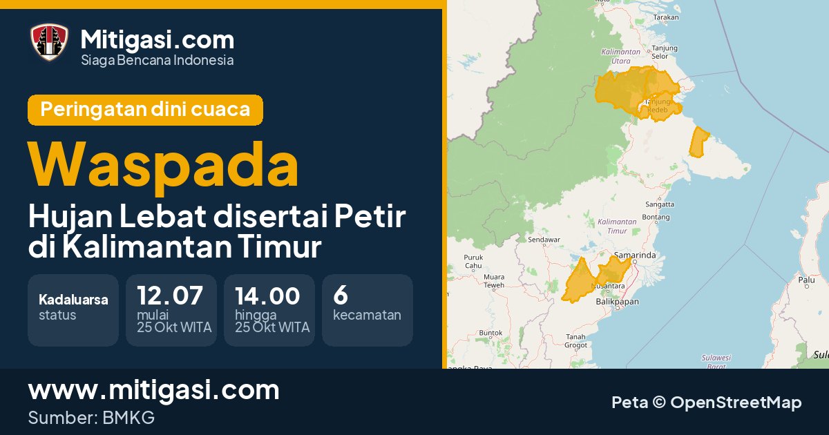 Peringatan dini cuaca BMKG tingkat Waspada di Kalimantan Timur. (Mitigasi.com/data BMKG)