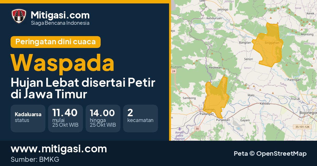 Peringatan dini cuaca BMKG tingkat Waspada di Jawa Timur. (Mitigasi.com/data BMKG)