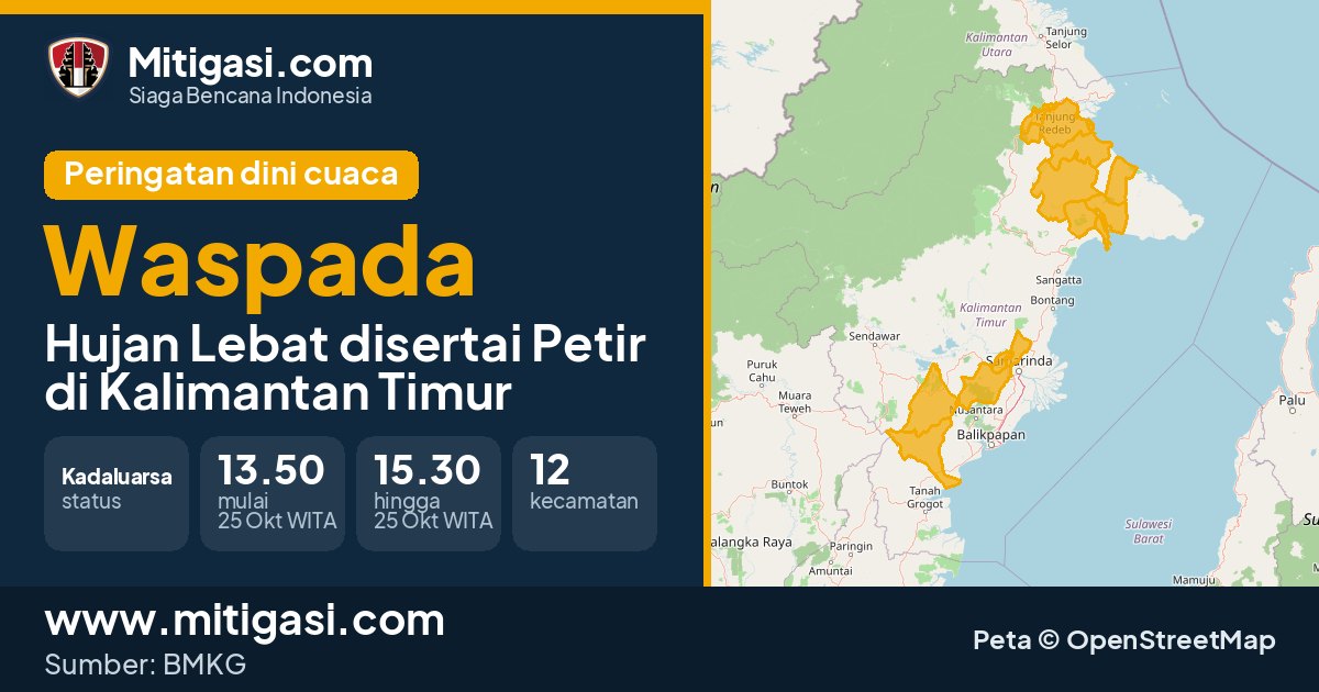 Peringatan dini cuaca BMKG tingkat Waspada di Kalimantan Timur. (Mitigasi.com/data BMKG)