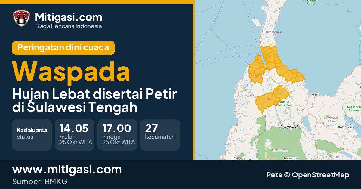 Peringatan dini cuaca BMKG tingkat Waspada di Sulawesi Tengah. (Mitigasi.com/data BMKG)