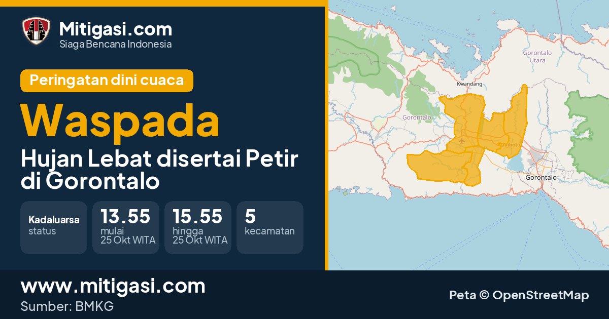 Peringatan dini cuaca BMKG tingkat Waspada di Gorontalo. (Mitigasi.com/data BMKG)