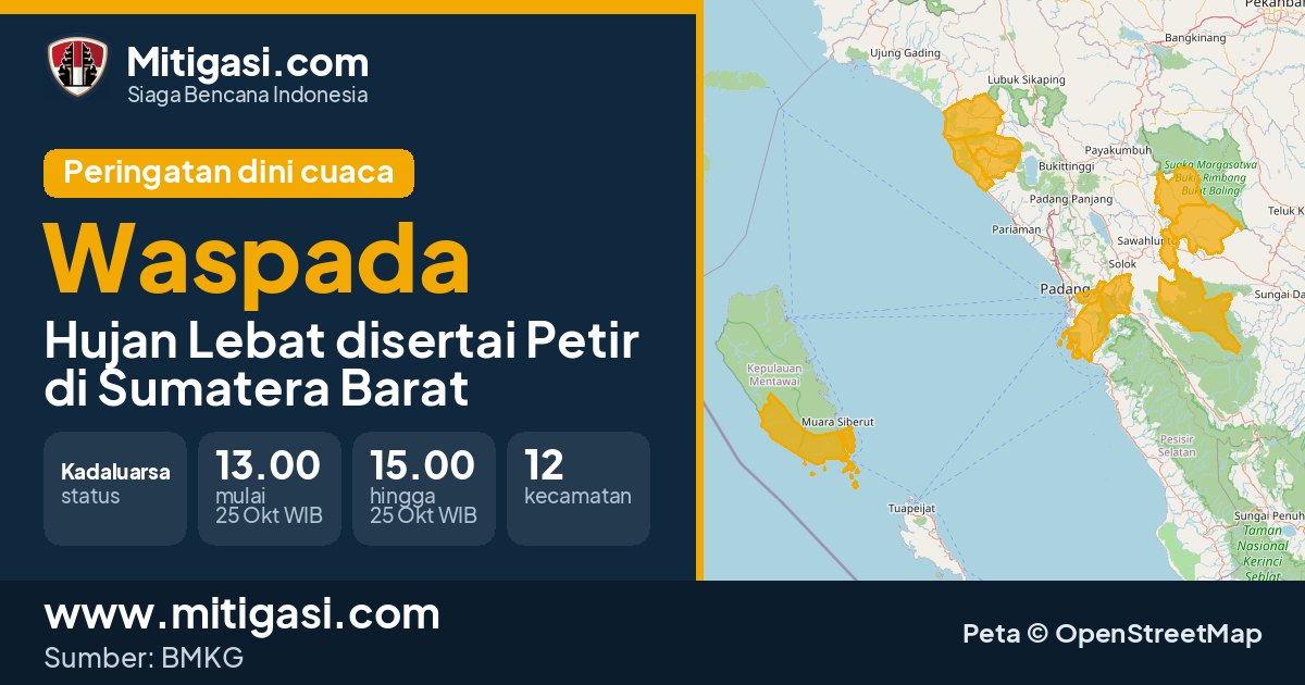 Peringatan dini cuaca BMKG tingkat Waspada di Sumatera Barat. (Mitigasi.com/data BMKG)
