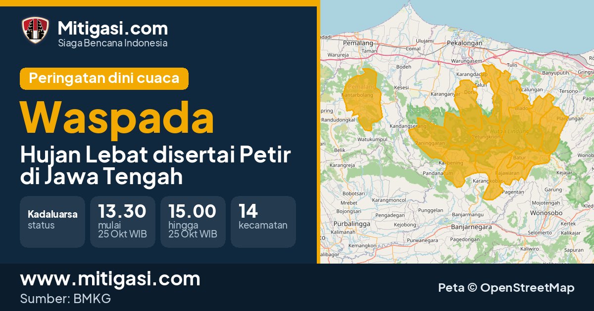 Peringatan dini cuaca BMKG tingkat Waspada di Jawa Tengah. (Mitigasi.com/data BMKG)