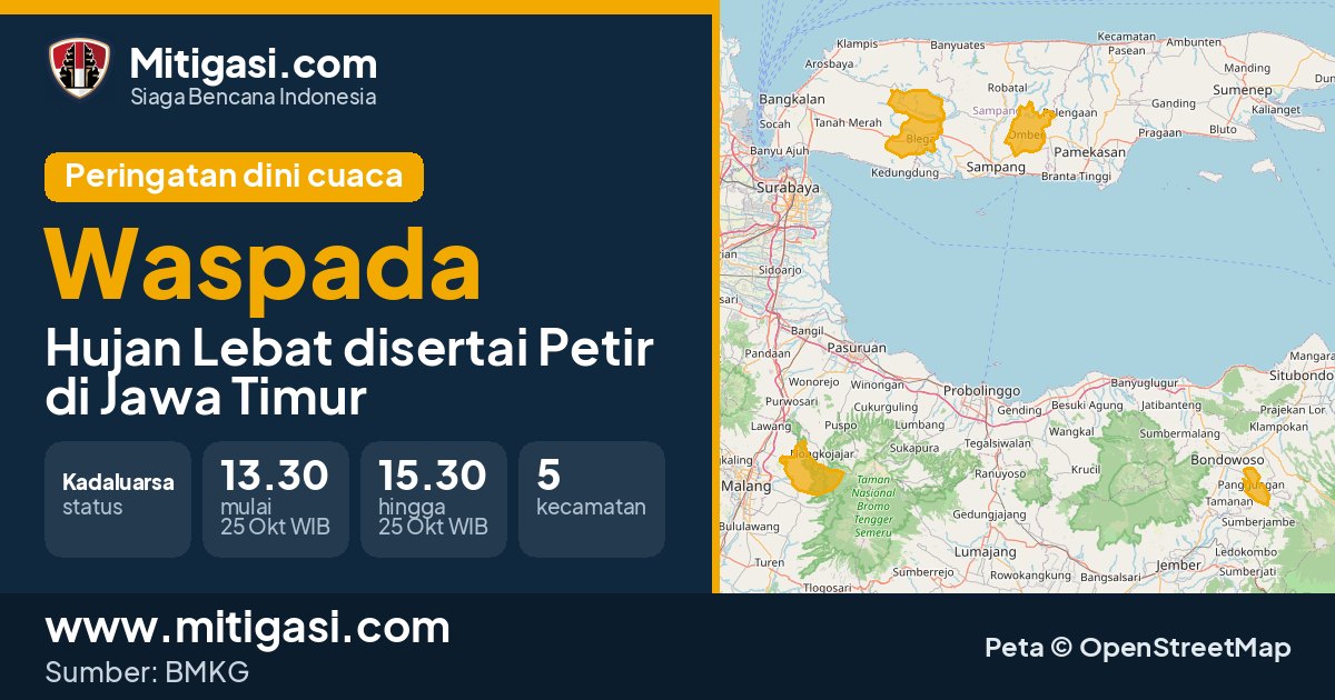 Peringatan dini cuaca BMKG tingkat Waspada di Jawa Timur. (Mitigasi.com/data BMKG)