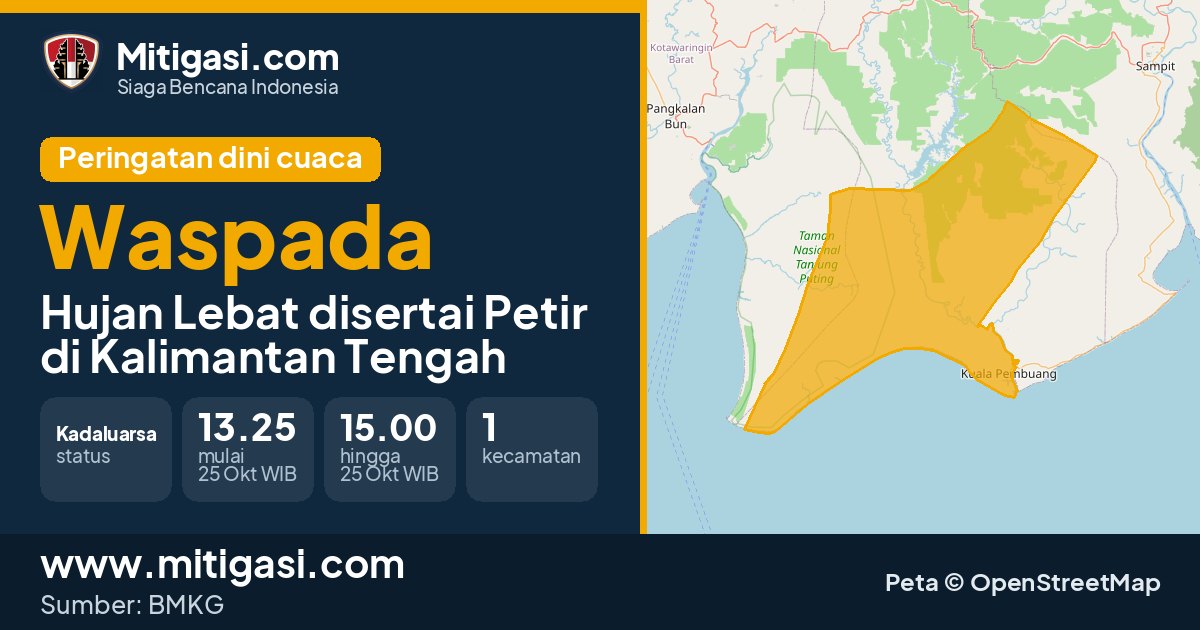 Peringatan dini cuaca BMKG tingkat Waspada di Kalimantan Tengah. (Mitigasi.com/data BMKG)