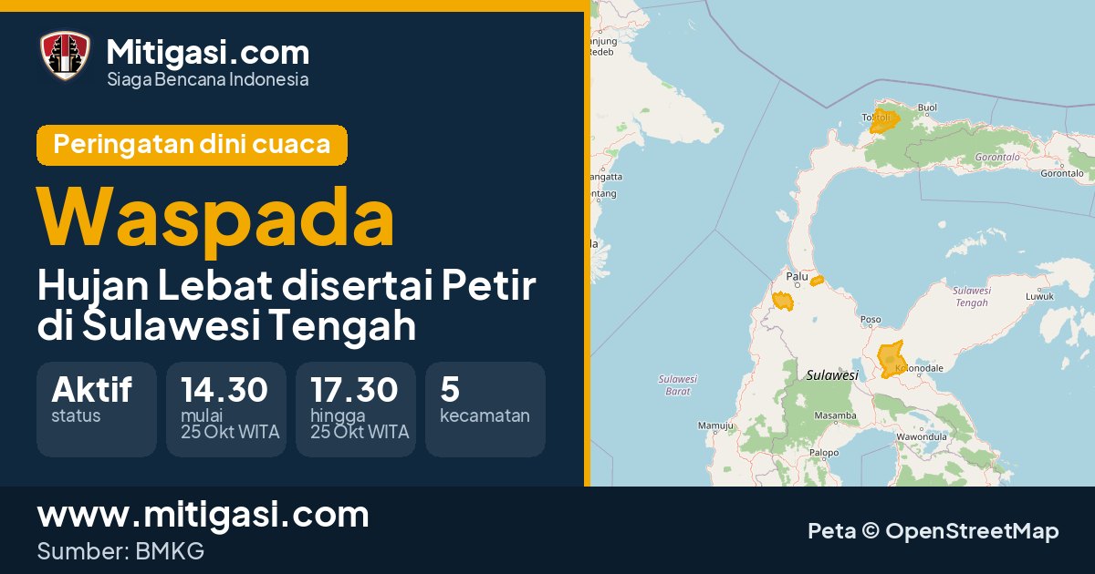Peringatan dini cuaca BMKG tingkat Waspada di Sulawesi Tengah. (Mitigasi.com/data BMKG)