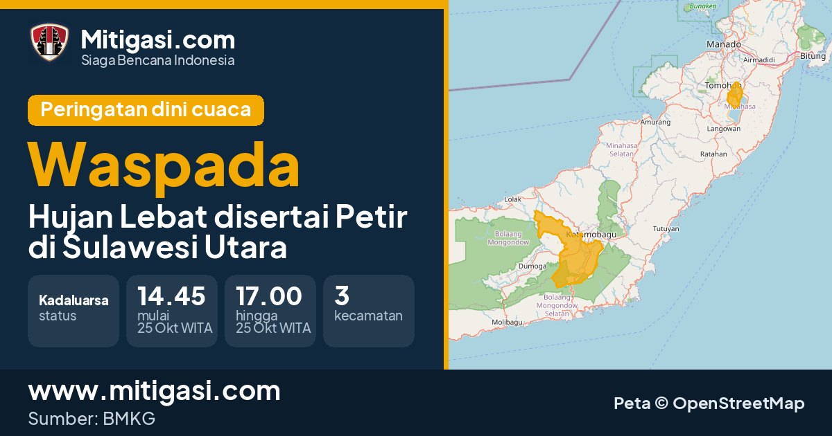 Peringatan dini cuaca BMKG tingkat Waspada di Sulawesi Utara. (Mitigasi.com/data BMKG)