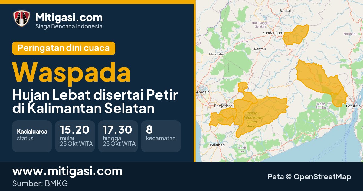 Peringatan dini cuaca BMKG tingkat Waspada di Kalimantan Selatan. (Mitigasi.com/data BMKG)