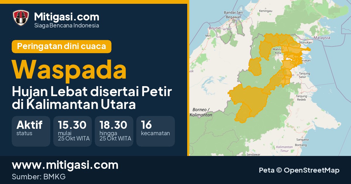 Peringatan dini cuaca BMKG tingkat Waspada di Kalimantan Utara. (Mitigasi.com/data BMKG)