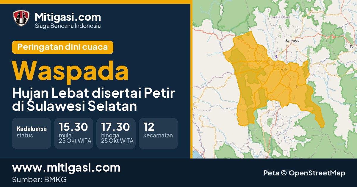 Peringatan dini cuaca BMKG tingkat Waspada di Sulawesi Selatan. (Mitigasi.com/data BMKG)