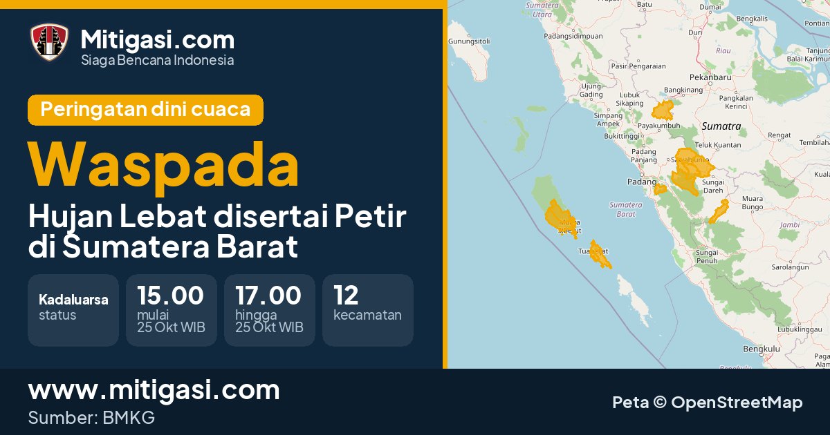 Peringatan dini cuaca BMKG tingkat Waspada di Sumatera Barat. (Mitigasi.com/data BMKG)