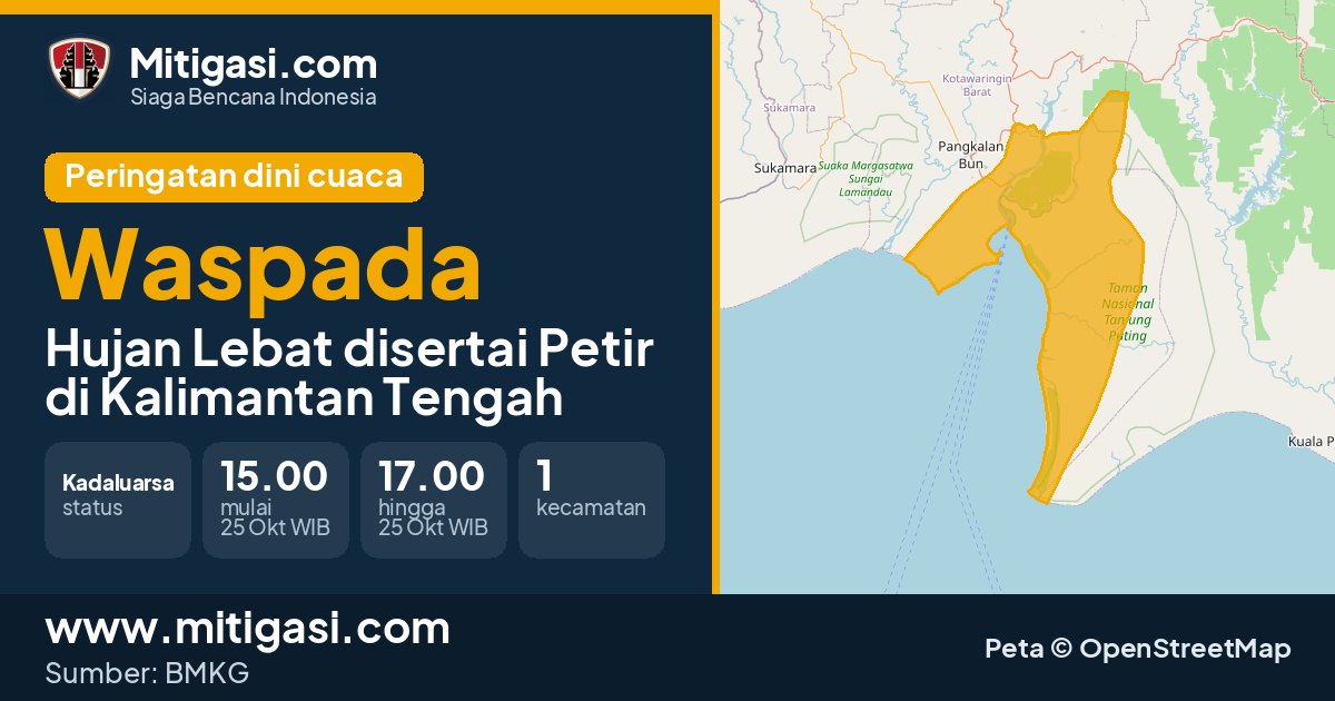 Peringatan dini cuaca BMKG tingkat Waspada di Kalimantan Tengah. (Mitigasi.com/data BMKG)