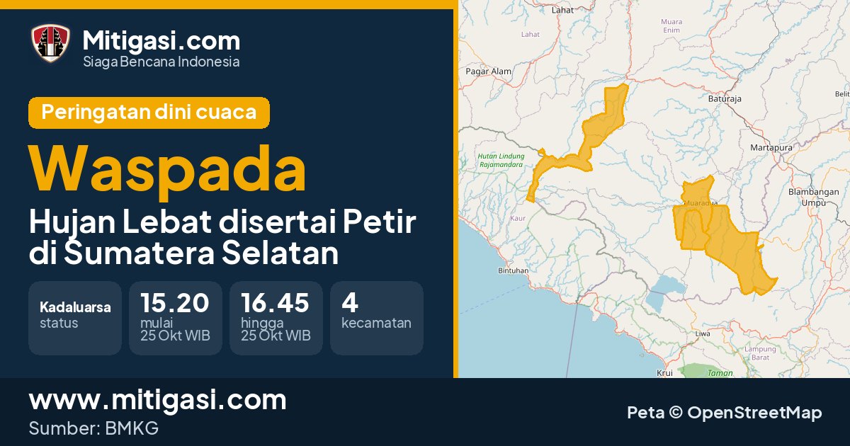 Peringatan dini cuaca BMKG tingkat Waspada di Sumatera Selatan. (Mitigasi.com/data BMKG)