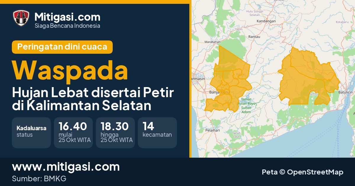 Peringatan dini cuaca BMKG tingkat Waspada di Kalimantan Selatan. (Mitigasi.com/data BMKG)