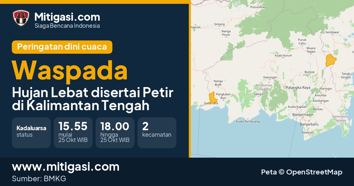 Peringatan dini cuaca BMKG tingkat Waspada di Kalimantan Tengah. (Mitigasi.com/data BMKG)