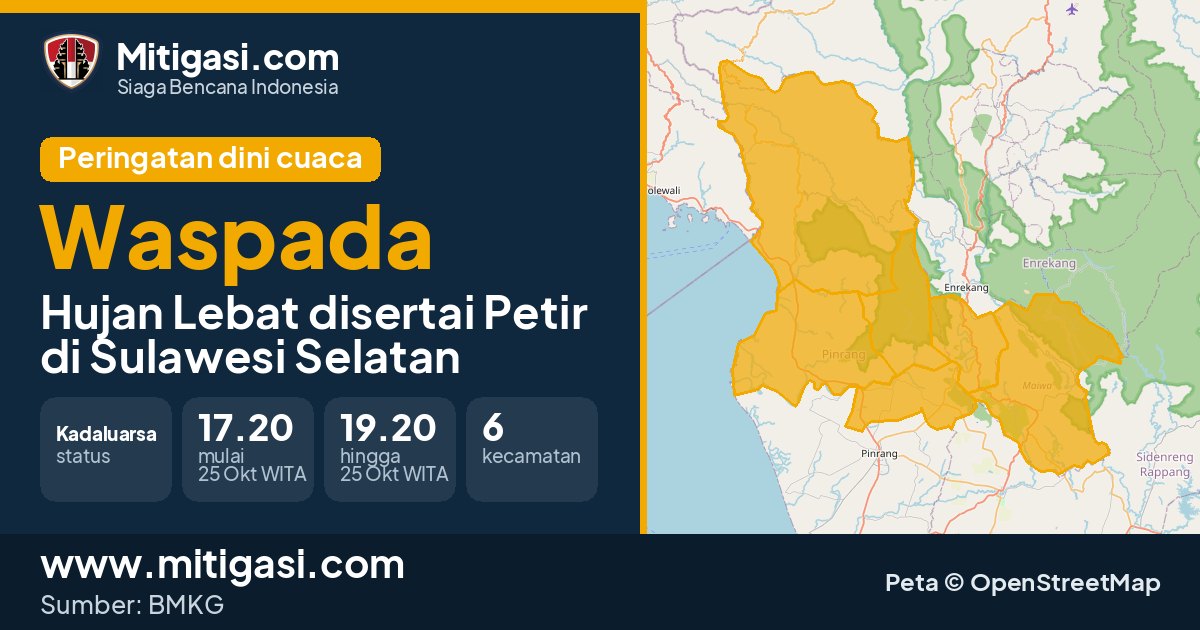 Peringatan dini cuaca BMKG tingkat Waspada di Sulawesi Selatan. (Mitigasi.com/data BMKG)