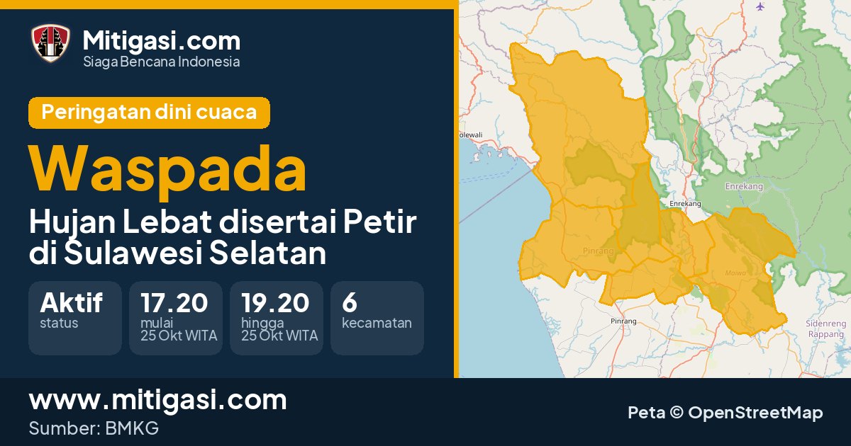 Peringatan dini cuaca BMKG tingkat Waspada di Sulawesi Selatan. (Mitigasi.com/data BMKG)