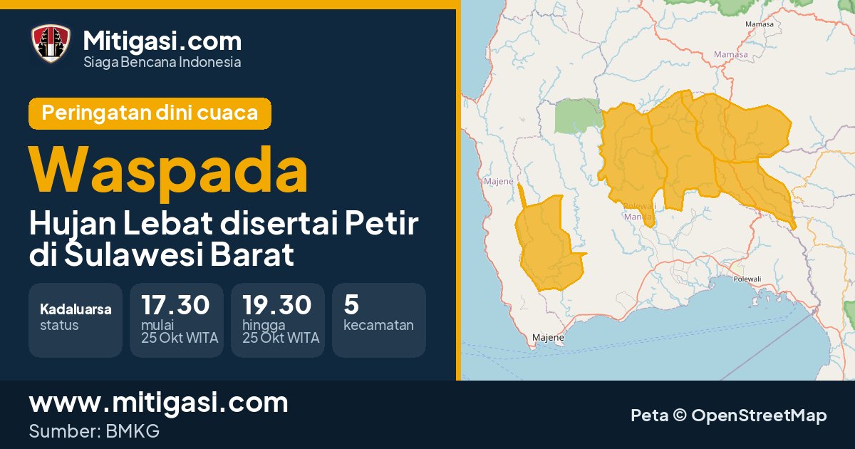Peringatan dini cuaca BMKG tingkat Waspada di Sulawesi Barat. (Mitigasi.com/data BMKG)