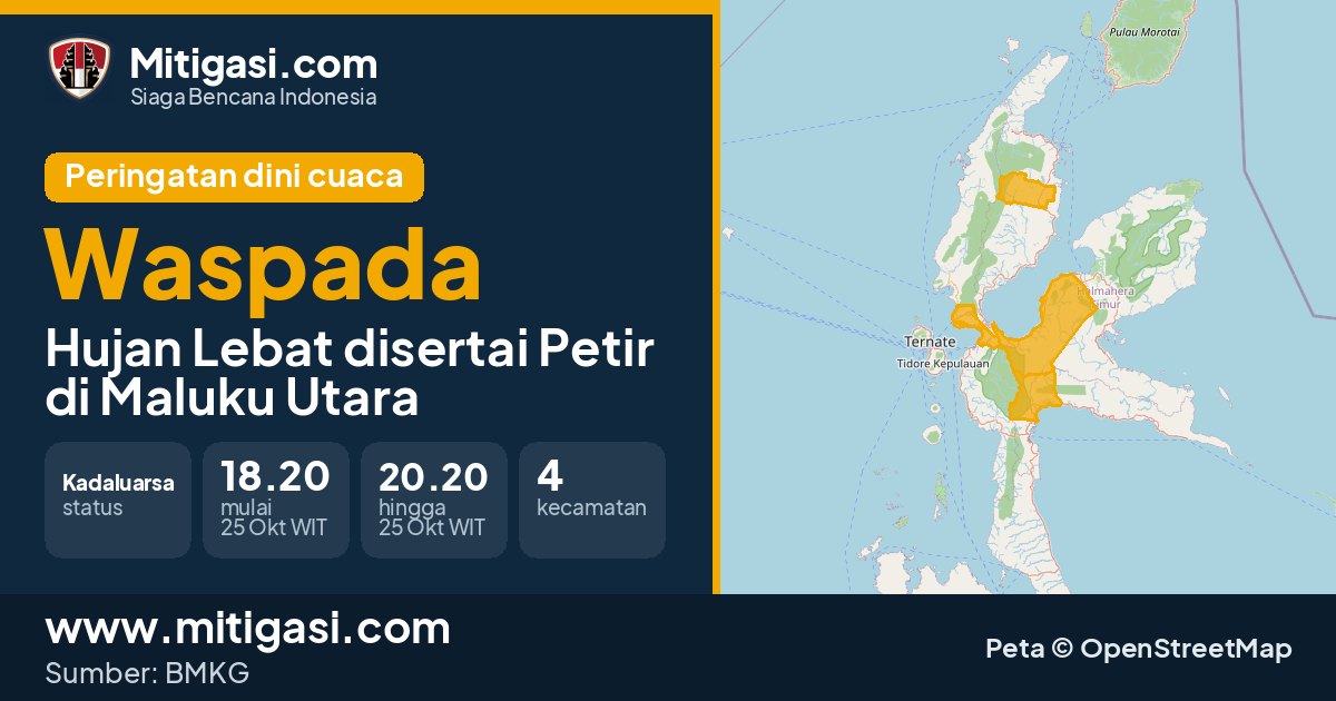 Peringatan dini cuaca BMKG tingkat Waspada di Maluku Utara. (Mitigasi.com/data BMKG)